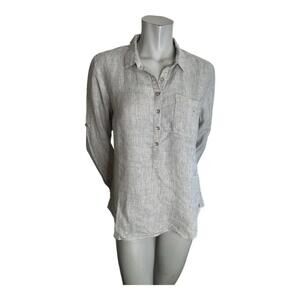 Only Poppy Grey White Pinstripe Women’s Collared Linen Blouse Size 40 Fits US M